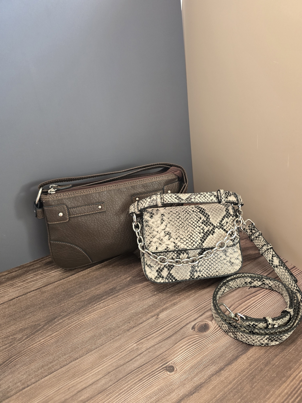 Brown Leather Crossbody & Snake-Print Chain Shoulder Bag Set